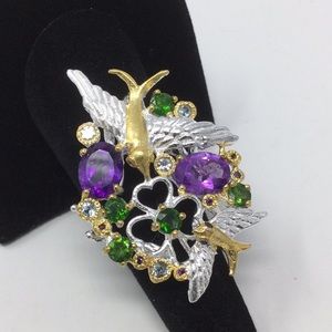 Artistic Birds In Flight Genuine Amethyst & Russian Chrome Diopside Ring